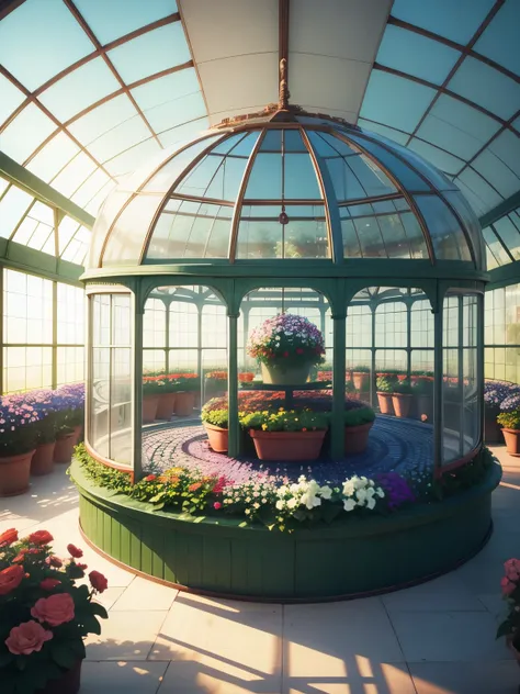 greenhouse, round interier, full of bloomed flowers, small trees, ultra detailed, high quality, 8k resolution