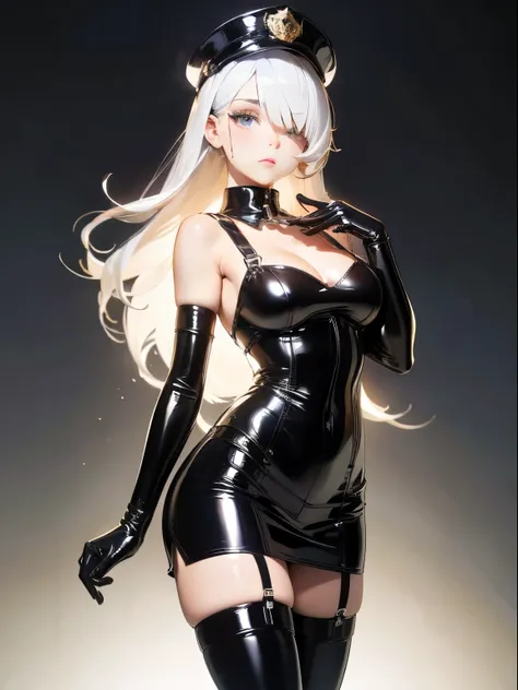 ((Best quality)), ((masterpiece)), (detailed), perfect face, (latex corset with white fabric on the chest), (latex clothes), ((latex stockings with suspenders)), (long white hair), (black long latex gloves), (full height), (standing sexy pose), (hands on c...