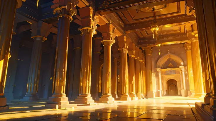 Huge medieval temple made of gold bars　shine　Light is reflecting　dazzling