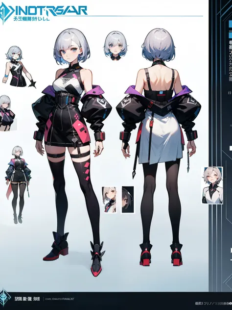 ((Masterpiece, Highest quality)), Detailed face, character sheets, full bodyesbian, Full of details, short grey hair, Highly detailed, Depth, Many parts, 1 character, clear outfit design, outfit design, [ character design ], character adoptable, official c...