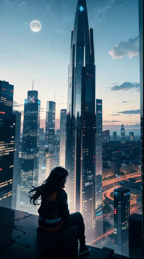 octane, Sky, Star (Sky), landscape, Starry sky, night, 1 Girl, Night Sky, Solitary, outdoor, architecture, cloud, Milky Way, sitting, Tree, Long hair, City, City景观, best quality, 8k