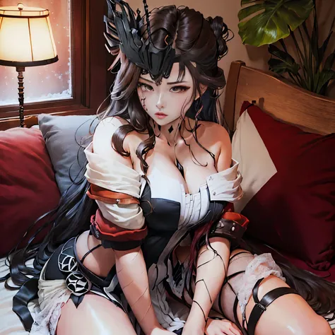 anime girl in a mask sitting on a bed with a pillow, [ 4 k arte digital ]!!, digital anime art!!, tifa, advanced anime digital art, albedo de overlord, ( ( hesitante ) ), anime estilizado, comic arte digital, advanced anime digital art”, [ arte digital ]!!...