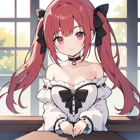 rating:safe, red_hair, 1girl, twintails, long_hair, red_eyes, smile, solo, looking_at_viewer, blush, indoors, bangs, ribbon, bare_shoulders, very_long_hair, detached_sleeves, eyebrows_visible_through_hair, window, closed_mouth, bow, choker, dress, hair_rib...