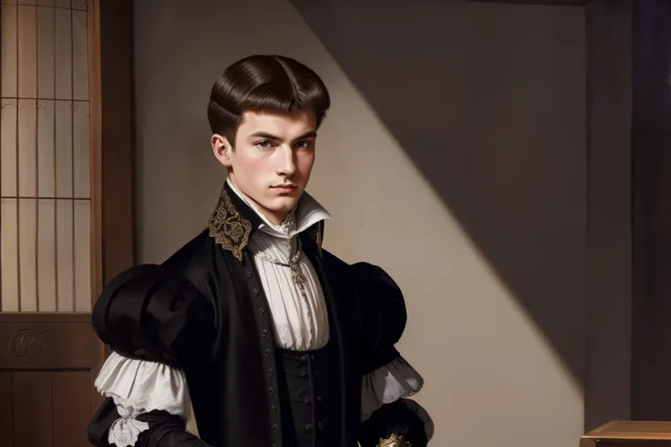 Paris, 1558. A young ((((20-year-old)) Pierre Aumande)), ambitious, evil, cruel, distinguished appearance, strong pressence, in a dungeon, ((alarmed expression)), ((((clothings from the 1550s)))), ((dark hairstyle of the 1550s)), colorful