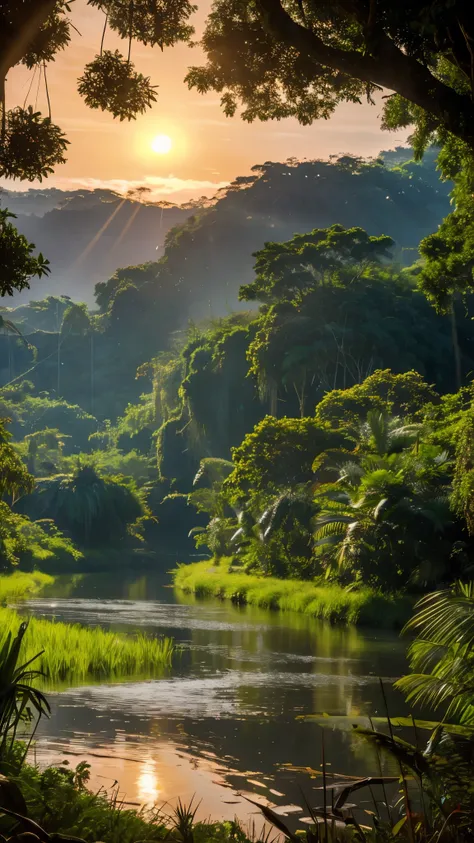 depicting a mysterious river in the amazon forest、ultra-realistic and highly detailed beautiful masterpiece, with the setting su...