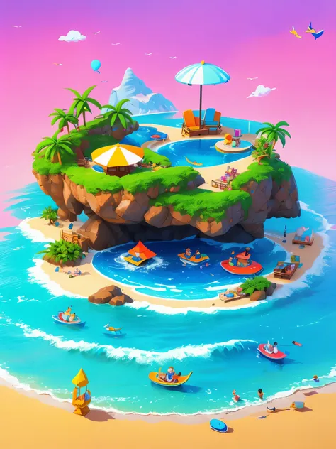 jianbai E-commerce,jianbai summer beach,3D cartoon, colorful beach scene with lounge chair and swimming ring on the sand, in the style of Pixar, cute and playful character designs, side view, background is a blue sky and white clouds, rocks in the water, p...