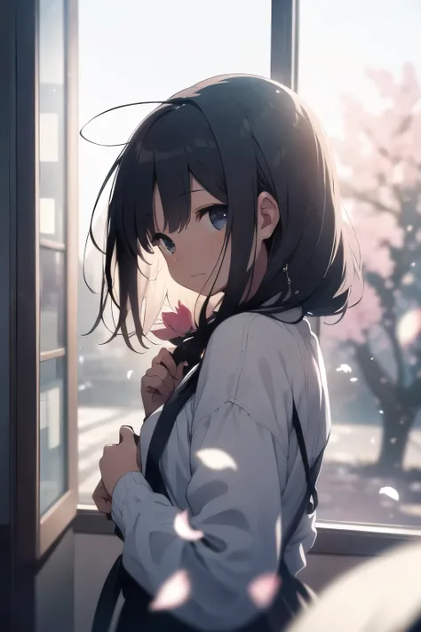 girl, (Out of the window:1.1), (exterior:1.1), From a third party, Fluttering petals, (Depth of written boundary, Blurred, Blurred background, Bokeh:1.2)