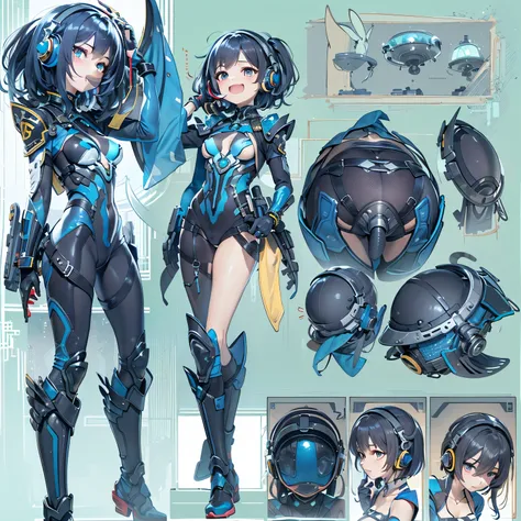 (masterpiece、highest quality、Highest Resolution、Clear_image、Detailed details、Angle from above): (Whole body、One 20 year old girl、Japanese Faces、Small Face、Slender、Navy blue super short bob cut hair、(Hidden small breasts:1.3)、Sparkling blue eyes、Shiny pilot...