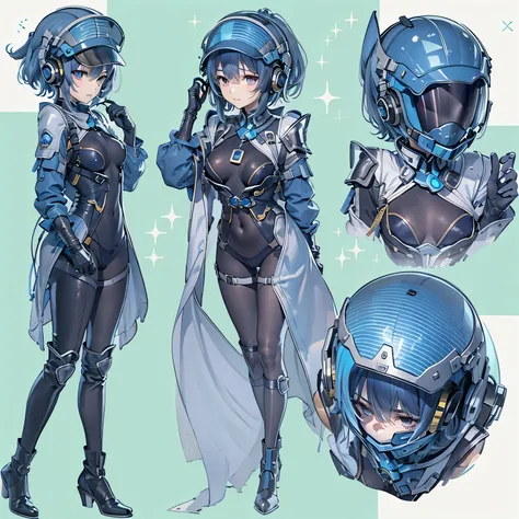 (masterpiece、highest quality、Highest Resolution、Clear_image、Detailed details、Angle from above): (Whole body、One 20 year old girl、Japanese Faces、Small Face、Slender、Navy blue super short bob cut hair、(Hidden small breasts:1.3)、Sparkling blue eyes、Shiny pilot...