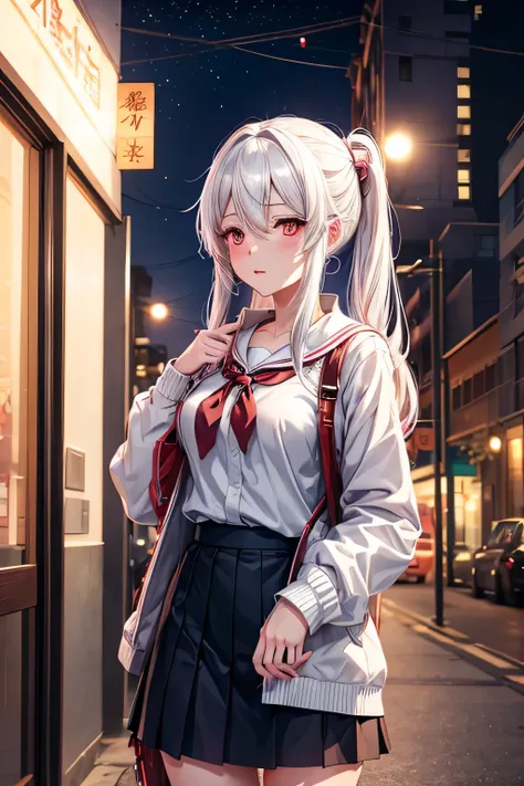 anime girl going out for a night walk, a hyperrealistic , realistic , anime girl has white hair and red eyes, beautiful anime girl, [ 4 k digital art ], kantai collection style, female protagonist 👀 :8, school girl, guweiz, kawacy, smooth anime cg art, nig...