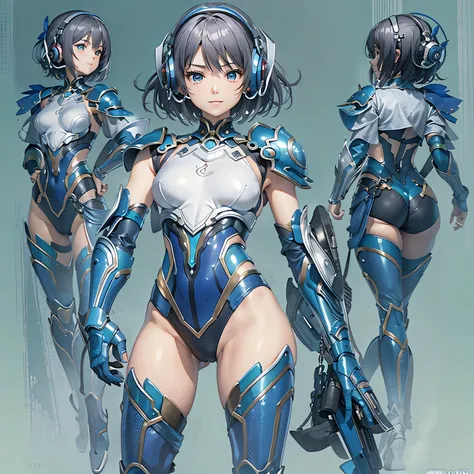 (masterpiece、highest quality、Highest Resolution、Clear_image、Detailed details、Angle from above): (Whole body、One 20 year old girl、Japanese Faces、Small Face、Slender、Navy blue super short bob cut hair、(Hidden small breasts:1.3)、Sparkling blue eyes、Shiny pilot...