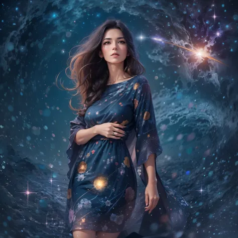 (mature_woman), (long_hair), (flowing_hair), (space_print_dress), (knee-length_dress, 🌌,