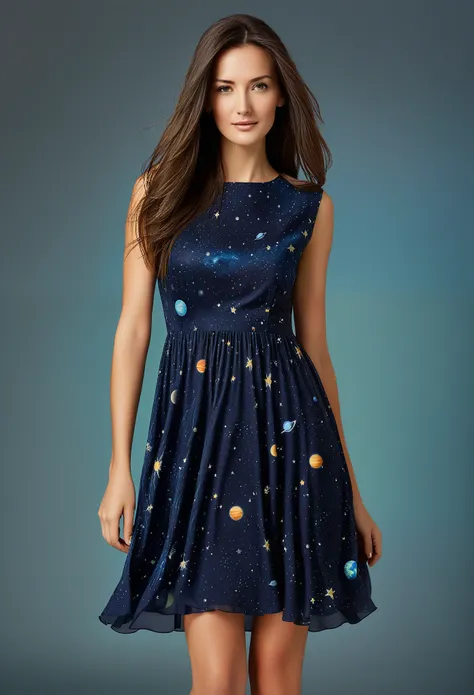 (mature_woman), (long_hair), (flowing_hair), (space_print_dress), (knee-length_dress, 🌌,