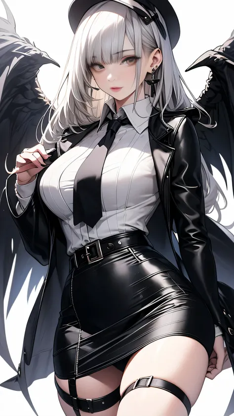 Photorealistic, high resolution, 1 Women, Solo, Hips up,Lolita costume， Beautiful eyes, White hair, ringed eyes, Collared shirt,black necktie,Black skirt, pencil skirts, Fur coat