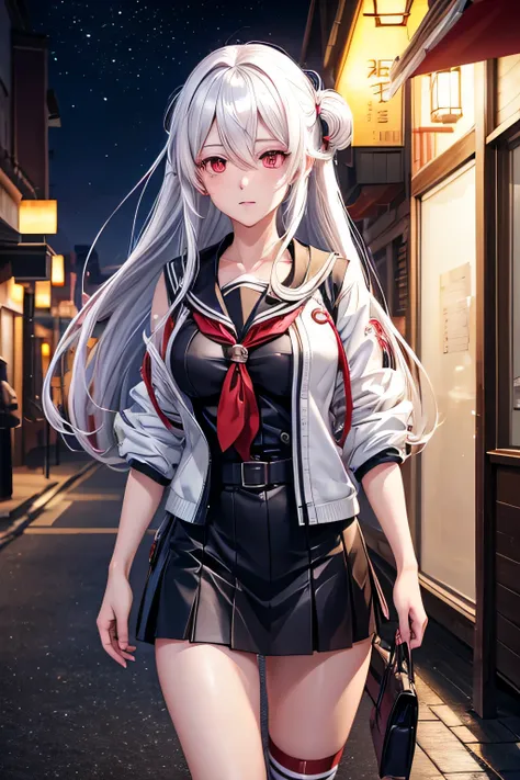 anime girl going out for a night walk, a hyperrealistic , realistic , anime girl has white hair and red eyes, beautiful anime girl, [ 4 k digital art ], kantai collection style, female protagonist 👀 :8, guweiz, kawacy, smooth anime cg art, night sky