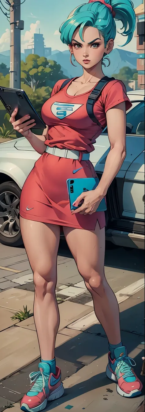 Bulma, Dragon Ball, muito linda, usando vestido rosa, com linhas pretas, escrito Bulma na altura dos peitos, with cell phone in hand, NIKE SNEAKERS