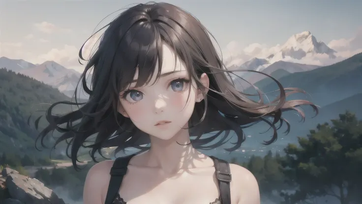 1girl,floating hair,soothing tones, muted colors,cute detailed face,hyperrealism,mountainous horizon,