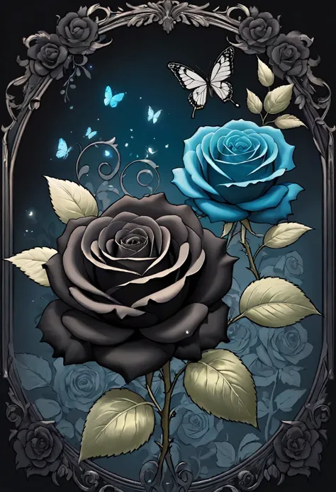 There is a black rose，There is a butterfly on it, Detailed flower, black rose, beautiful digital art, pastel roses, black black, magical flowers, blue and black, Beautiful digital painting, translucent rose gorgeous, black and blue, Beautiful flowers, rose...