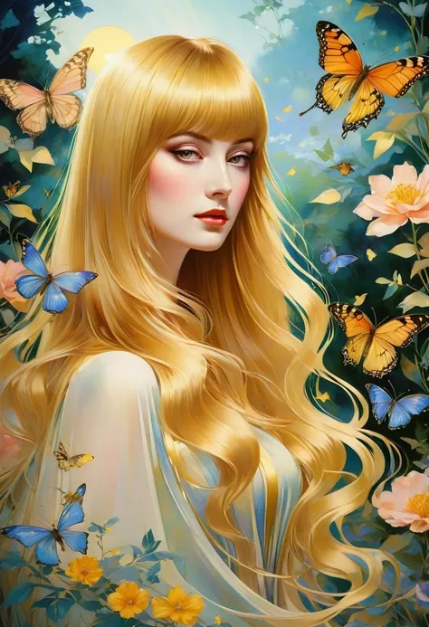 chiaroscuro technique on sensual illustration of an elegant queen (((long hair with bangs:1.4、Beautiful bangs) , vintage ,silky dress, matte painting, by John Singer Sargent, by Harumi Hironaka, abstract background, (upper body:1.5), (highres:1.2,realistic...