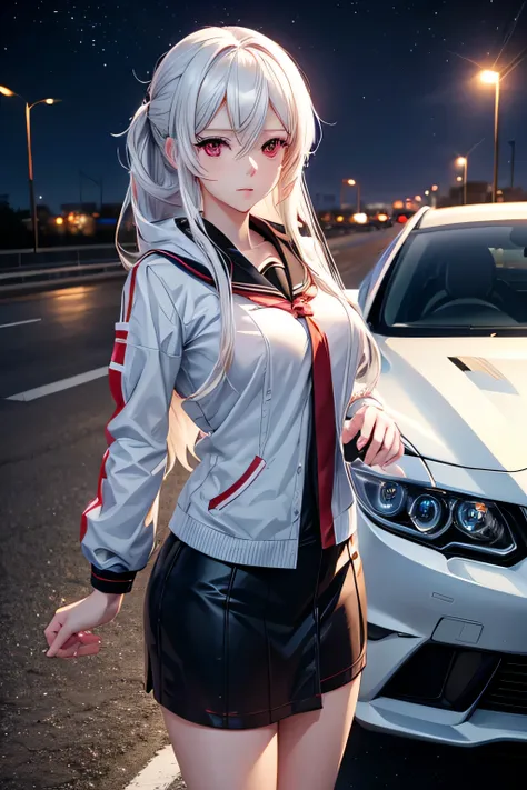 anime girl going driving a car a hyperrealistic , realistic , anime girl has white hair and red eyes, beautiful anime girl, [ 4 k digital art ], kantai collection style, female protagonist 👀 :8, guweiz, kawacy, smooth anime cg art, night sky