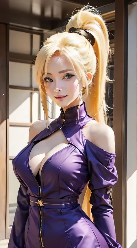 1girl, ino yamanaka in anime naruto, long hair, yellow hair, blue eyes, smile, beautiful, sexy dress, sexy clothes, purple cloth...