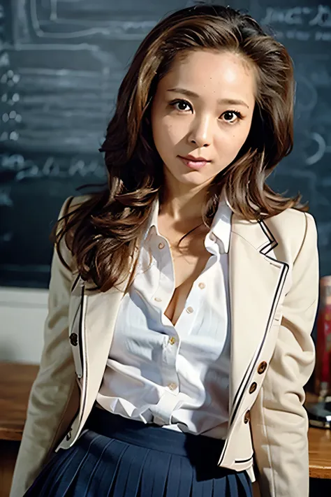 (masterpiece, highest quality:1.2), One girl, alone, A super beautiful and neat female teacher teaching in front of the blackboard at a Japanese high school、smile、Slender curves、Large firm breasts、Wearing a white shirt and a navy blue blazer、Navy blue supe...