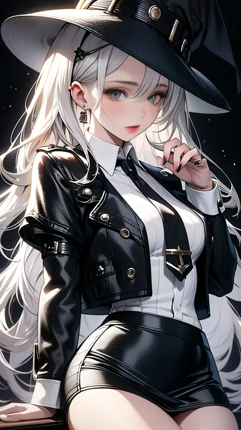 Photorealistic, high resolution, 1 Women, Solo, Hips up,Lolita costume， Beautiful eyes, White hair, ringed eyes, Collared shirt,black necktie,Black skirt, pencil skirts, Fur coat