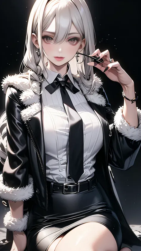 Photorealistic, high resolution, 1 Women, Solo, Hips up,Lolita costume， Beautiful eyes, White hair, ringed eyes, Collared shirt,black necktie,Black skirt, pencil skirts, Fur coat