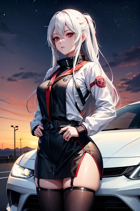 anime girl going driving a car a hyperrealistic , realistic , anime girl has white hair and red eyes, beautiful anime girl, [ 4 k digital art ], kantai collection style, female protagonist 👀 :8, guweiz, kawacy, smooth anime cg art, night sky