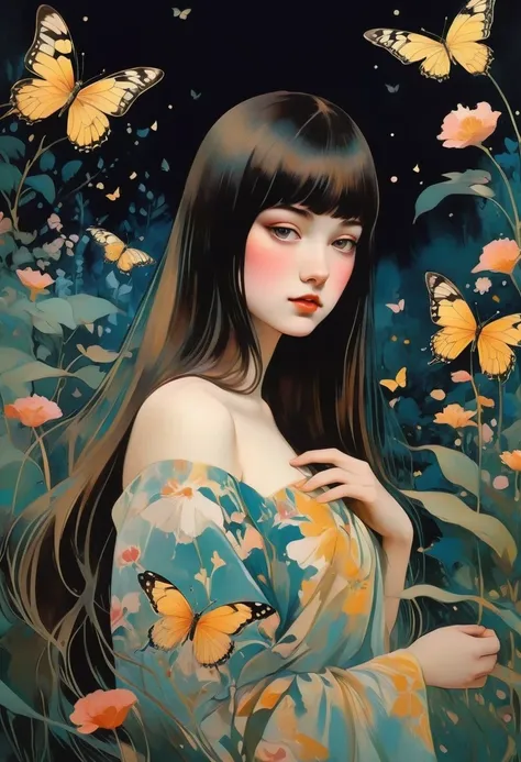 chiaroscuro technique on sensual illustration of an baby girl (((long hair with bangs:1.4、Beautiful bangs) , vintage ,silky dress, matte painting, by John Singer Sargent, by Harumi Hironaka, abstract background, (upper body:1.5), (highres:1.2,realistic:1.3...