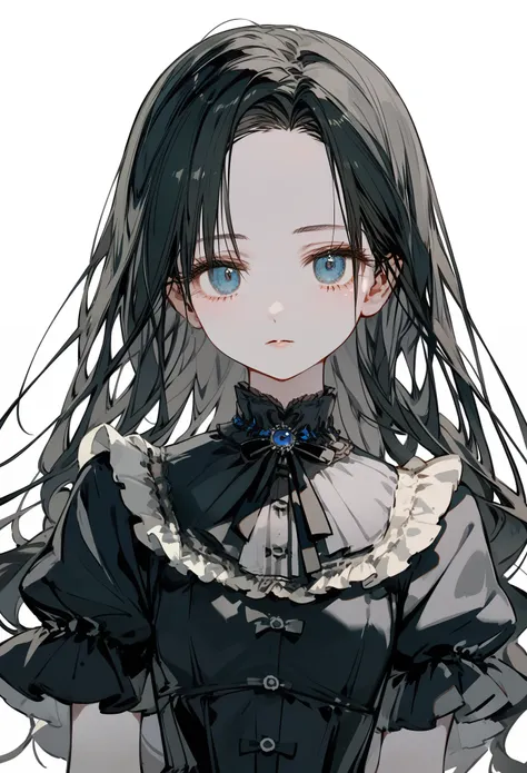 masterpiece, best quality, upper body, (score_9, score_8_up, score_7_up), 1girl, solo, black hair, long hair, parted bangs, dark blue eyes, innexpressive, pale skin, small breasts, standing, upper body, victorian fashion, black dress, frilled dress, short ...