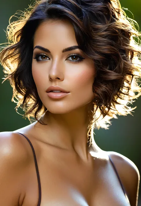 Genera una imagen de una mujer joven y hermosa con cabello corto y despeinado, de cuerpo entero y con una actitud sexy. Su rostro refleja confianza y sensualidad. Sus curvas son suaves y atractivas, destacando su feminidad. The lighting highlights his feat...