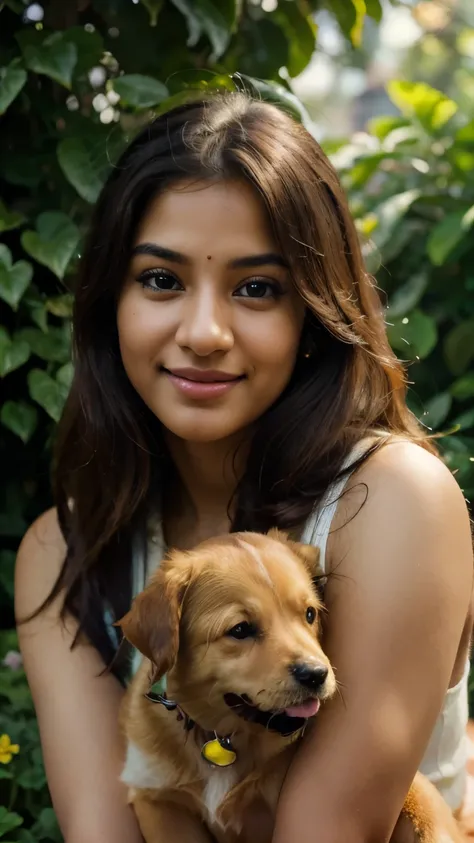 (best quality,highres,masterpiece:1.2),ultra-detailed,realistic,beautiful Indian girl,beautiful detailed eyes and lips,long eyelashes,cute smile,playful expression,holding a golden retriever puppy,green garden background,soft lighting,photorealistic render...