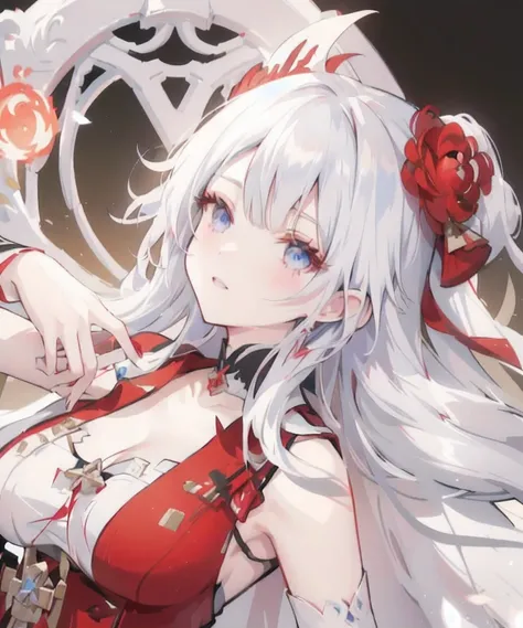 anime girl with white hair and red dress posing for a picture, blue eyes, white haired deity, ayaka genshin impact, edelgard fire emblem, characters from azur lane, ayaka game genshin impact, edelgard from fire emblem, cushart krenz key art feminine, shall...