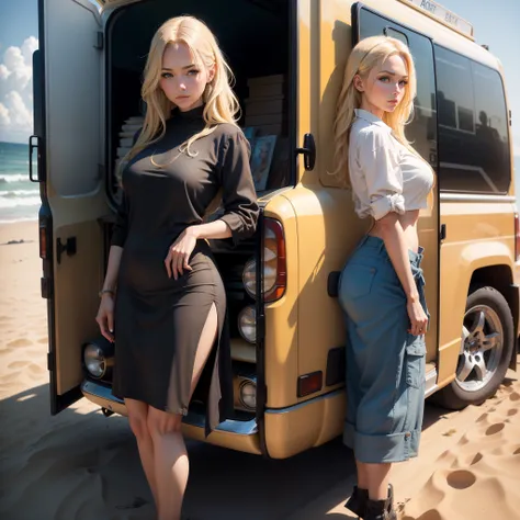 Worlds most beautiful artwork photo featuring modern blonde blonde woman leaning against van on California beach。Art Station、society、Complex、Attention to detail、Trending with sharp focus、Dramatic and photorealistic pictorial art by Greg Lutkowski