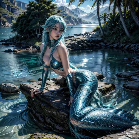 high details, best quality, 16k, [ultra detailed], masterpiece, best quality, (extremely detailed), full body, ultra wide shot, RAW, photorealistic, fantasy art, dnd art, rpg art, realistic art, an ultra wide picture of a mermaid resting on a rock on a blu...