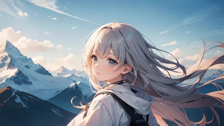 1girl,floating hair,soothing tones, muted colors,cute detailed face,hyperrealism,mountainous horizon,