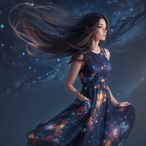 (mature_woman), (long_hair), (flowing_hair), (space_print_dress), (knee-length_dress, 🌌,