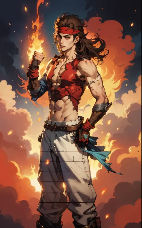 A young man with thick chestnut-brown long hair, a red headband adorned his forehead, devoid of eyebrows, triangular eyes, a square face, proud expression, robust and muscular physique, a fantasy-style tight-fitting open-chest vest, gloves, a ragged cloth ...