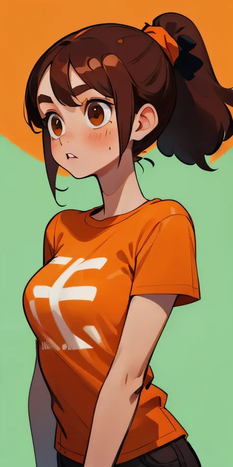 Young woman, brown hair in a ponytail, orange t-shirt