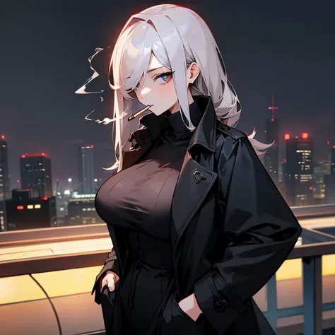 Rooftop、Night view、Have a cigarette in your mouth、Hands in pockets、Black turtleneck、Black trench coat、Big Breasts、Odd Eye、Left eye is red、woman