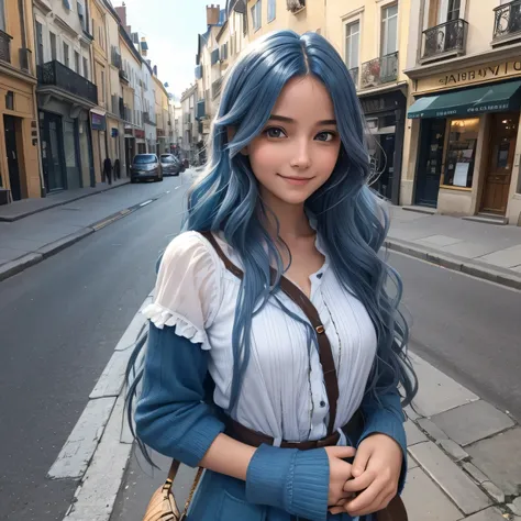 une jeune femme dans la vingtaine, with long wavy blue hair of a soft brown framing a delicate face. Ses grands yeux bleu. Her warm smile lights up her face and transmits positive energy. Elle est avec ses amies dans la rue