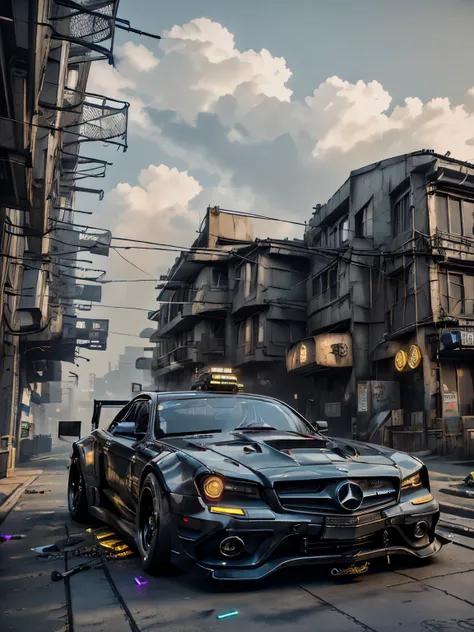  Mercedes, ，Exotic Cyberpunk, 4K, HDR, Rendering, masterpiece, Ray Tracing, cyberpunk scene, Black car, Neon, drifting, carbon, futurist, neon, night, Back Wave