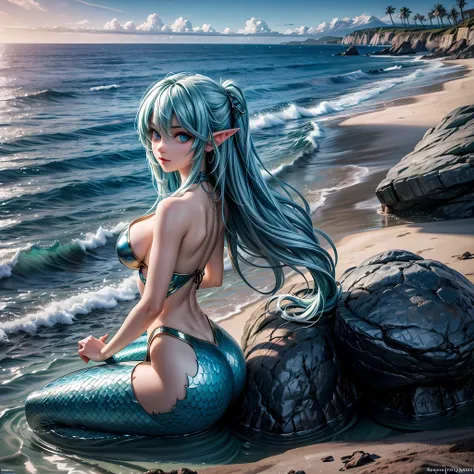 high details, best quality, 16k, [ultra detailed], masterpiece, best quality, (extremely detailed), full body, ultra wide shot, RAW, photorealistic, fantasy art, dnd art, rpg art, realistic art, an ultra wide picture of a mermaid resting on a rock on a blu...