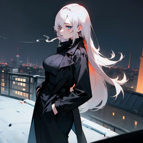 Rooftop、Night view、Back view、Have a cigarette in your mouth、Hands in pockets、Black turtleneck、Black trench coat、Big Breasts、Odd Eye、Left eye is red、woman