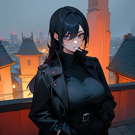 Rooftop、Night view、Back view、Have a cigarette in your mouth、Hands in pockets、Black turtleneck、Black trench coat、Big Breasts、Odd Eye、Left eye is red、woman