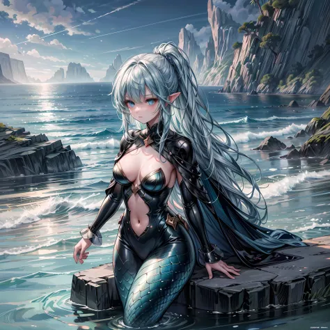 high details, best quality, 16k, [ultra detailed], masterpiece, best quality, (extremely detailed), full body, ultra wide shot, RAW, photorealistic, fantasy art, dnd art, rpg art, realistic art, an ultra wide picture of a mermaid resting on a rock on a blu...