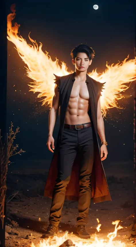 A asian boy like Mighty Archangel Michael,19 years old, handsome, Full Body Shoot, Short Quiff hairstyle, (eyes contact), look at camera, detailed facial parts, Manly, with a muscular constitution :: high detail, is in battle armor, flaming blue sword of g...