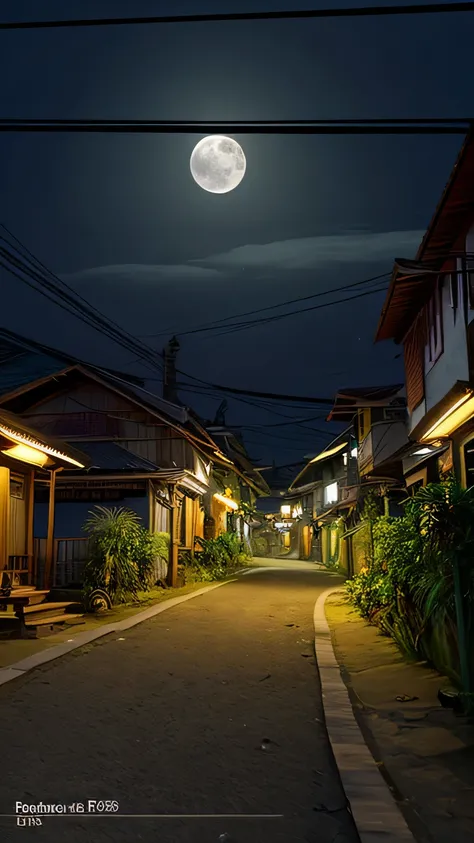 Indonesia,Java,nighttime view of a street with a row of small houses and moon, villages ， unreal engine, realistic photo of a town, moonlit kerala village, nightime village background, night time render, photo-realistic low lighting, hdr render in unreal e...