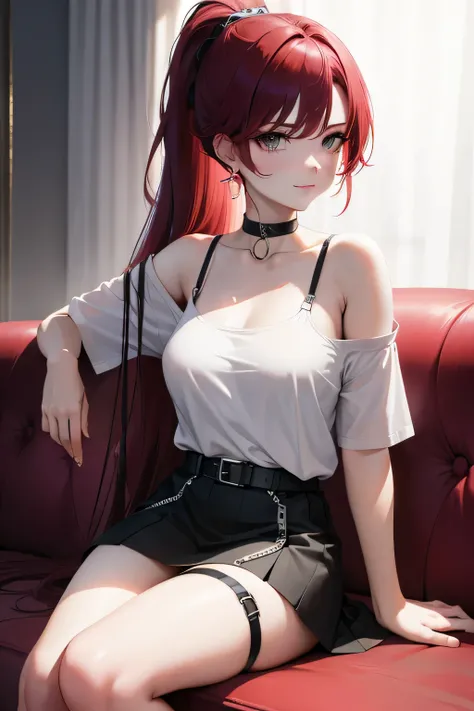 1Woman, attractive, in early30s, dark red hair, long hair, hair to ponytail, wearing black 8 fold skirt, wearing a belt, white baggy t-shirt, shirt tucked in skirt strap. laying on a red sofa, bare thighs, teasing smile, smug look , lustful look, choker on...